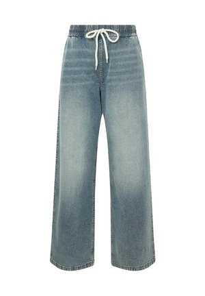Light blue wide-leg jeans made of denim with an elastic waistband and white drawstring. Features a faded texture and standard hem.