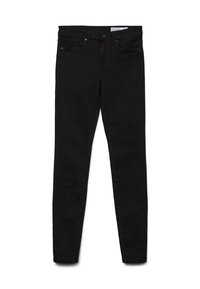 Črne slim-fit kavbojke z gumbom in zadrgo, sprednje in zadnje žepke, prikazane ravno na beli podlagi.