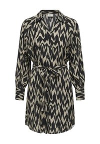 Μαύρο και κρεμ πουκαμίσα φόρεμα με μακριά μανίκια, κολάρο, κουμπιά μπροστά και ζώνη στη μέση. Φτιαγμένο από ελαφρύ ύφασμα με λεία υφή.