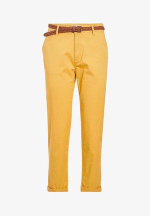 Geel katoenen broeken met een slim fit, voorzien van een geweven bruin leren riem en opgerolde boorden. Gladde textuur, standaard tailleband ontwerp.