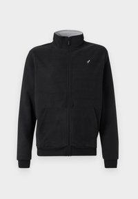 Μαύρο φλις μπουφάν με φερμουάρ, υψηλό γιακά, πλαϊνές τσέπες, ριμπ μανσέτες και διακριτική λογότυπη λεπτομέρεια στο στήθος. Μαλακή υφή.