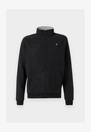 Μαύρο φλις μπουφάν με φερμουάρ, υψηλό γιακά, πλαϊνές τσέπες, ριμπ μανσέτες και διακριτική λογότυπη λεπτομέρεια στο στήθος. Μαλακή υφή.