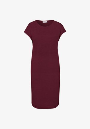 Vestido burdeos hasta la rodilla con mangas cortas remangadas y escote redondo, con un dobladillo curvado.