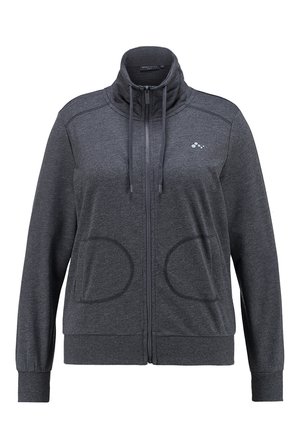 Donkergrijze hoodie met rits, hoge kraag, aantrekkoorden, twee voorzakken en klein logo op de linkerborst.