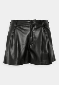Schwarze Leder-Shorts mit strukturiertem Design, ausgestattet mit Falten, einem vorderen Knopfverschluss und Seitentaschen. Glatte, glänzende Textur.