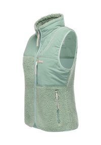 Mint green vest featuring a quilted upper section and soft, fluffy fabric at the lower half. Includes side zippered pockets.