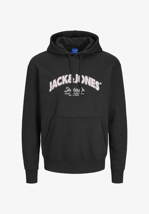 Zwarte hoodie met een voork pocket, met een wit en roze "JACK&JONES" logo en tekst. Gemaakt van een zachte, gestructureerde stof. Verstelbare kabelhoed.