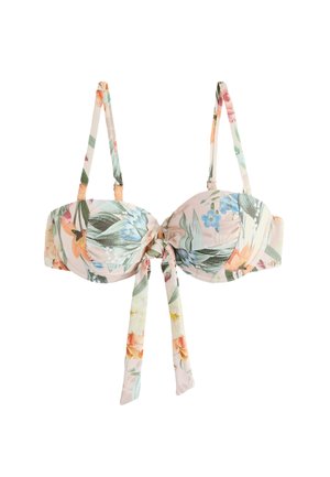 Vrchný diel bikín s kvetinovým vzorom, nastaviteľnými ramienkami a predným uzlom, v pastelových farbách a s rôznymi kvetinovými motívmi.