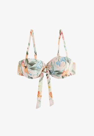 Top de bikini con estampado floral, tirantes ajustables y nudo delantero, con colores pastel y varios diseños de flores.