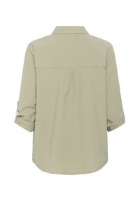 Lichtgroene, langlopende button-up shirt met een kraag, opgerolde mouwen, plooidetail aan de achterkant en afgeronde zoom. Soepele stoftextuur.