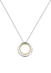 Silberne Kettenhalskette mit einem runden Anhänger, der einen polierten silbernen äußeren Ring und einen geflochtenen goldenen inneren Ring aufweist.