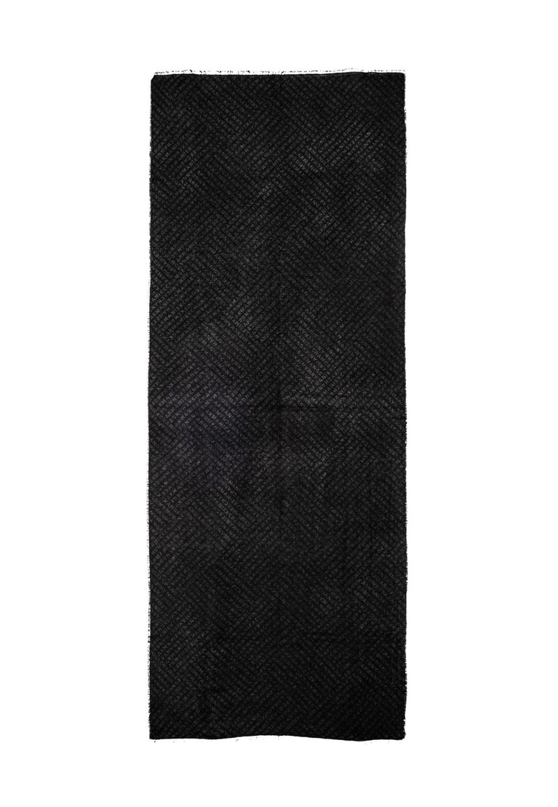 Tessuto nero intrecciato con un motivo diagonale, caratterizzato da una texture morbida e bordi frangiati. Forma rettangolare, adatta per vari utilizzi decorativi.