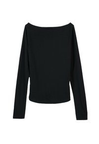 Czarna, dopasowana bluzka z długim rękawem, z szerokim dekoltem w łódkę i prostym dołem, wyeksponowana na białym tle.