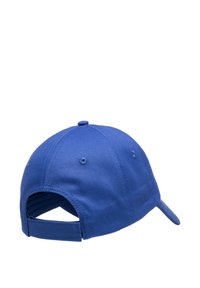 Blue baseball cap made of fabric, featuring a curved peak, adjustable strap at the back, and ventilated eyelets for breathability.