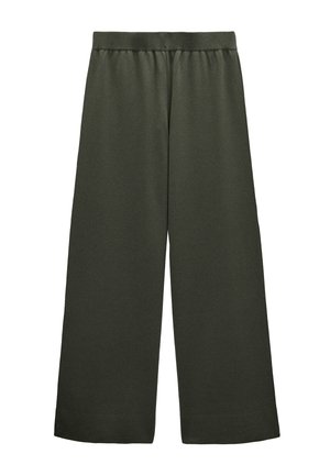 Szerokie spodnie w kolorze oliwkowej zieleni z elastycznym paskiem, wykonane z miękkiego materiału, ułożone płasko na białym tle.