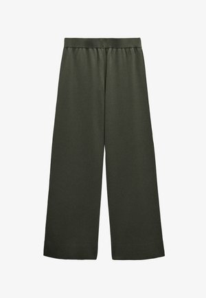 Szerokie spodnie w kolorze oliwkowej zieleni z elastycznym paskiem, wykonane z miękkiego materiału, ułożone płasko na białym tle.