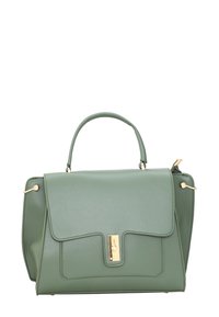 Borsa a mano in pelle verde con un design strutturato, dettagli in oro, manico superiore e patta anteriore con chiusura a scatto.