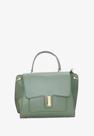 Borsa a mano in pelle verde con un design strutturato, dettagli in oro, manico superiore e patta anteriore con chiusura a scatto.