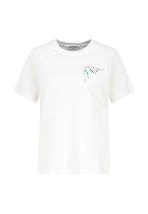 Weißes T-Shirt mit kurzen Ärmeln, kleinen blauen und schwarzen abstrakten Linienzeichnungen und Text auf der linken Brust, Rundhalsausschnitt, mittlere Größe.