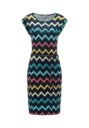 Knælængde kjole med korte ærmer, flerfarvet zigzag mønster i gul, teal, hvid og rød samt et tyndt bælte til at binde i taljen.