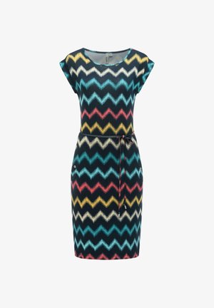 Sukienka do kolan z krótkimi rękawami, wielokolorowym wzorem w zygzaki w żółtym, morskim, białym i czerwonym kolorze oraz cienkim paskiem wiązanym w talii.