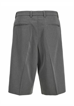 Graue, maßgeschneiderte Shorts bis zum Knie, gezeigt von hinten mit Gürtelschlaufen und zwei horizontalen Gesäßtaschen.