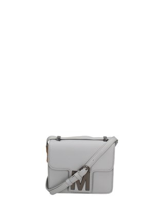 Small light gray leather crossbody bag with adjustable strap and large metal "M" on front flap.