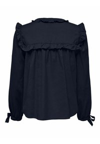 Blouse bleu marine à manches longues, avec des détails en volants le long du yoke, et des fermetures à nouer aux poignets. Fabriquée en tissu léger avec une coupe décontractée.