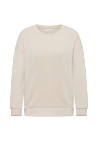 Sweatshirt beige à col rond avec une texture douce, épaules tombantes, manches longues et poignets et ourlet côtelés. Design simple et minimaliste.