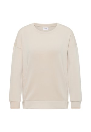 Beige Crewneck-Sweatshirt mit weicher Textur, überschnittenen Schultern, langen Ärmeln sowie gerippten Bündchen und Saum. Einfaches, minimalistisches Design.