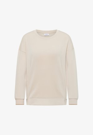 Sweatshirt beige à col rond avec une texture douce, épaules tombantes, manches longues et poignets et ourlet côtelés. Design simple et minimaliste.