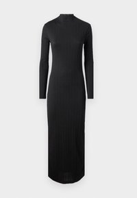 Abito nero a maniche lunghe con collo alto, caratterizzato da una texture a coste e una vestibilità aderente, che arriva a metà polpaccio.