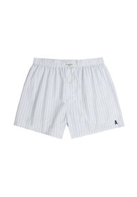 Boxers para hombres de algodón en azul claro con rayas verticales blancas y verdes. Cuenta con una cinturilla elástica y un cierre de botón.