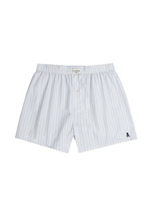 Boxers para hombres de algodón en azul claro con rayas verticales blancas y verdes. Cuenta con una cinturilla elástica y un cierre de botón.