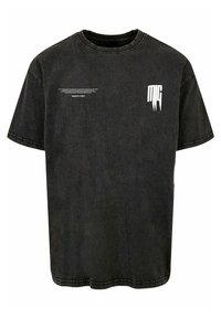 Black short-sleeve T-shirt made from denim fabric. Features a relaxed fit, round neckline, and white printed logo on the chest.