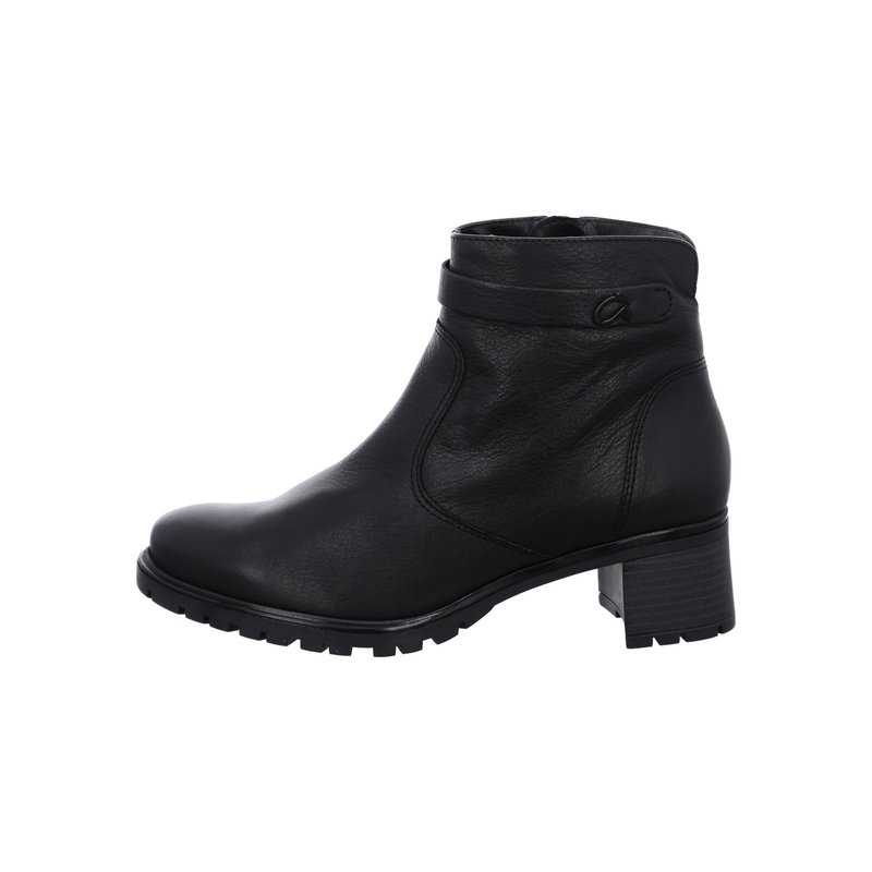 Bottine en cuir noir avec talon bloc bas, semelle texturée et détail de sangle autour du haut.