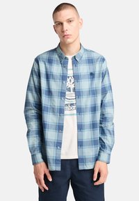 Camicia a quadri blu chiaro con colletto button-down, maniche lunghe e bottoni bianchi, indossata sopra una t-shirt bianca con grafica.