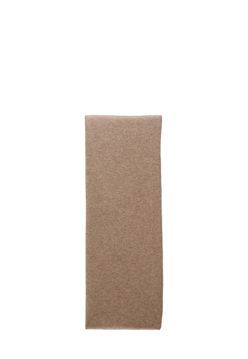 Écharpe en laine marron, forme rectangulaire, texture douce, sans motifs ni accessoires, avec des bords finis. Dimensions : environ 70 cm sur 30 cm.