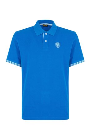 Polo shirt blu in cotone con colletto, due bottoni e logo a scudo. Presenta strisce bianche sulle maniche.