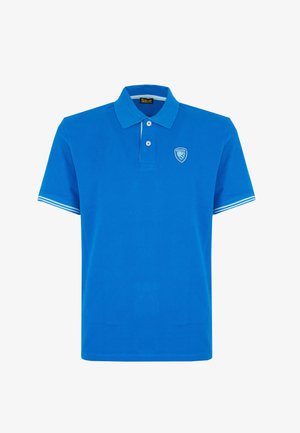 Blauwe poloshirt van katoen met een kraag, twee knopen en een schildlogo. Voorzien van witte strepen op de mouwen.