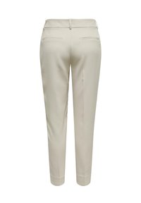 Pantalons taillés beiges clairs avec une coupe slim. Caractéristiques : texture lisse, deux poches arrière et une taille mi-haute. Design minimaliste.