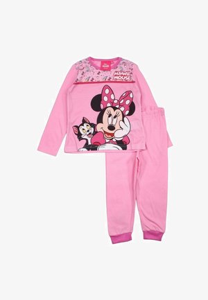 Ensemble de pyjama rose comprenant un haut à manches longues avec un graphique de Minnie Mouse et un chat, accompagné de pantalons roses assortis avec des poignets élastiques.