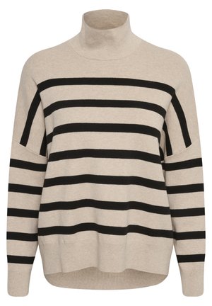 Beige polotröja med svarta horisontella ränder. Har sjunkna axlar, ribbade muddar och en avslappnad passform. Mjuk stickad struktur.