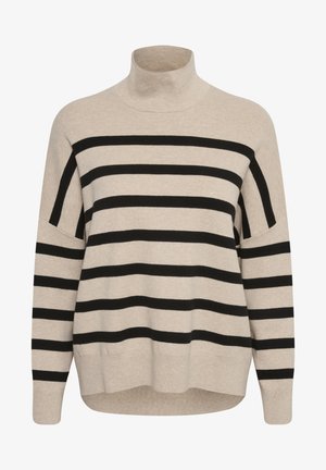Maglione a collo alto beige con righe orizzontali nere. Presenta spalle scese, polsini a coste e una vestibilità rilassata. Tessuto a maglia morbido.