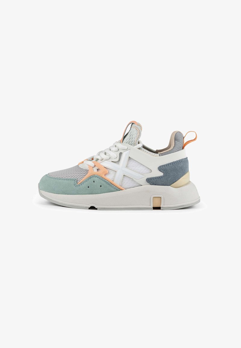 Sport sneaker with a gray mesh upper, green suede accents, white sole, peach and blue detailing, and prominent lace and branding features.
