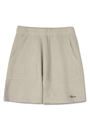Beige, terry cloth shorts with two front pockets and a soft texture. Features a slightly frayed hem and embroidered brand logo on the lower right.
