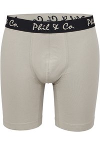 Boxers de color gris claro con una cinturilla elástica negra que presenta el texto en blanco "Phil & Co.". Tela suave con bolsa frontal y costuras cosidas.
