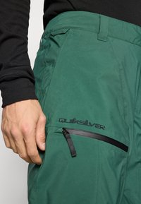 Žalios sniego kelnės su lygiu paviršiumi, matomas užtrauktuku užsegamas kišenė ir juodas logotipas, derinamos su juoda ilgomis rankovėmis marškinėlių.