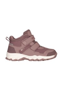 Mauve Mid-Top Sneaker mit zwei Klettverschlüssen, strukturiertem Sohle, atmungsaktiven Mesh-Einsätzen und "Aqua Proof"-Aufkleber an der Seite.