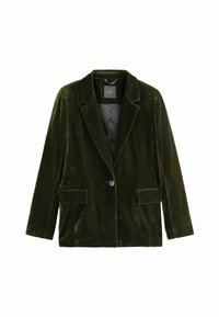 Tmavě zelený sametový blazer s klopou, jedním knoflíkem a dvěma předními kapsami. Měkká textura a strukturovaný tvar.